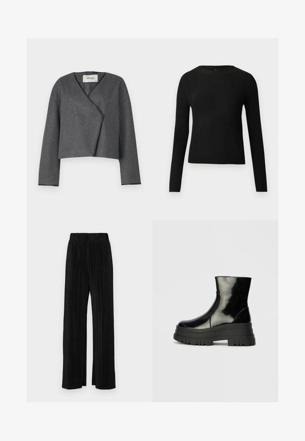 Pelēks īss jakas ar aptverošu dizainu, izgatavots no teksturēta auduma, ar V veida kakla izgriezumu un garām piedurknēm, kurām ir melns apmalējums.; Melna, ribota, garām piedurknēm pieguļoša džemperis ar apaļu kakla izgriezumu, izlikta pret vienkāršu gaišu fonu.; Melni plīšu bikses ar elastīgu jostu. Tām ir platākas kājas un gluda, teksturēta auduma ar vertikālām svītrām.; Melnas spīdīgas potītes zābaki ar biezu zoli un noapaļotu purngalu, sānu skats uz vienkārša gaiši pelēka fona.