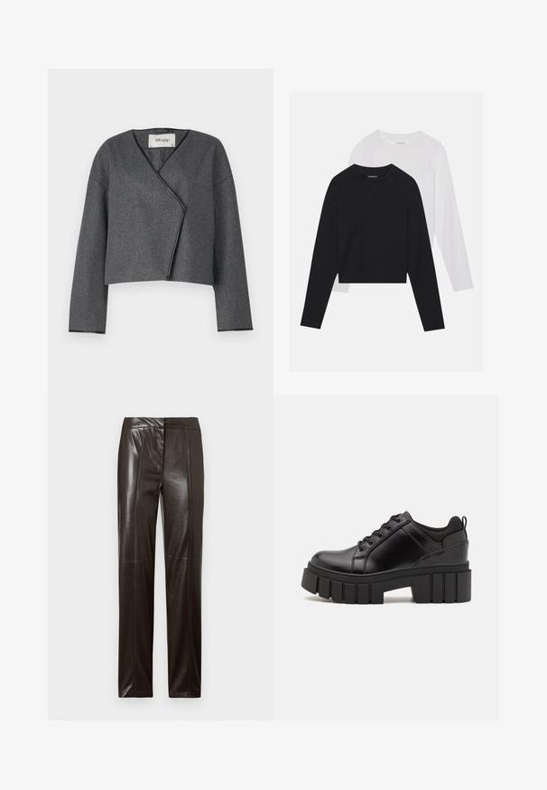 Grijze geknipte jas met een wikkeldesign, gemaakt van gestructureerde stof, met een v-hals en lange mouwen met zwarte afwerking.; Twee langemouwen shirts: een zwarte en een witte. Beide hebben een ronde hals, raglanmouwen en zijn gemaakt van een zachte katoenmix.; Donkerbruine leren broek met rechte pijpen, een gladde afwerking en subtiele naden langs de voorkant.; Zwarte leren platform schoenen met een stevige blokhak, ronde neus en een traditionele vetersluiting. Kenmerkt zich door een gladde textuur en minimale details.