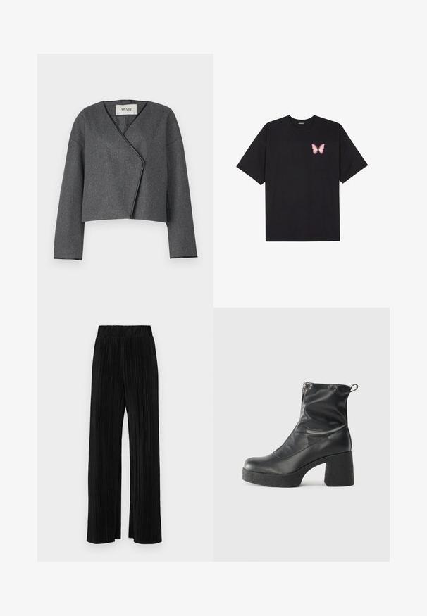 Grå beskåret jakke med omslag, lavet af tekstureret stof, med v-hals og lange ærmer med sort kant.; Sort bomulds T-shirt med korte ærmer, prydet med en lille pink sommerfugl grafik på venstre bryst. Rund hals design med en afslappet pasform.; Sorte plisserede bukser med elastisk talje. Har brede ben og et glat, tekstureret stof med lodrette striber.; Sorte ankelstøvler lavet af glat læder, med en sidelukning, kraftig struktureret hæl og rundt tådesign.