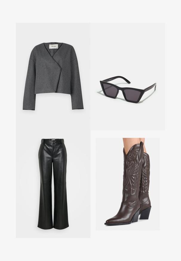 Grau geschnittene Jacke mit Wickeldesign, aus strukturiertem Stoff, mit V-Ausschnitt und langen Ärmel mit schwarzem Besatz.; Schwarzes geripptes Rollkragenoberteil, kurze Ärmel, figurbetontes Design, weiche Textur, minimale Nähte und ein hoher Kragen.; ONLY Tall ONLSMOOTH WIDE  - Stoffhose - black; Braune Leder-Cowboy-Stiefel mit spitzem Punkt und Blockabsatz, die über detaillierte Stickereien und hervorgehobene Akzente am Schaft verfügen.; Schwarze, eckige Sonnenbrille mit grauen Gläsern; aus Kunststoff gefertigt, mit dicken Bügeln, die eine glatte Oberfläche und keine sichtbaren Beschläge haben.