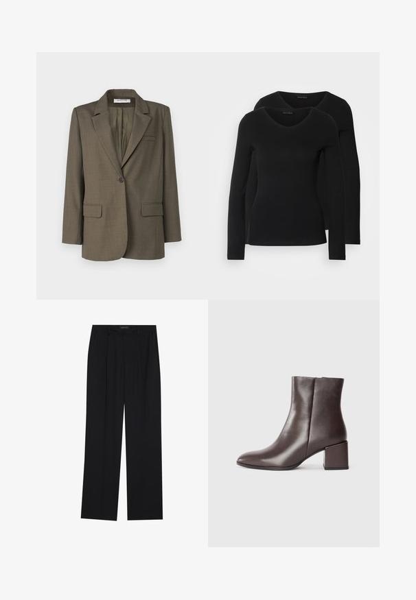 Blazer vert olive avec un col cranté, fermeture à un bouton, deux poches avant et une texture unie. Coupe ajustée avec une fente au dos.; Deux chemises noires à manches longues avec un design en V, fabriquées en tissu doux et extensible, présentant une texture lisse et une silhouette ajustée.; Pantalons noirs à coupe droite, dotés de deux poches avant et d'une taille. Fabriqués dans un tissu lisse et léger.; Bottine en cuir marron avec un design épuré, bout pointu et talon carré. Texture lisse et silhouette minimaliste.