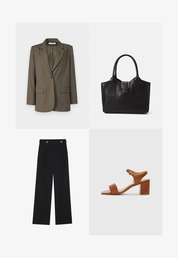 Olijfgroene blazer met een paspelkraag, sluiting met een enkele knoop, twee voorkruiszakken en een effen structuur. Perfecte pasvorm met een rugventilatie.; Zwarte katoenen t-shirt met een V-hals ontwerp en korte mouwen. Heeft een zachte textuur en een eenvoudige snit zonder patronen of accenten.; Zwarte wijde broek met hoge taille, knoopdetails op de tailleband en plooien aan de voorkant.; Bruine leren sandaal met hak, vierkante neus, verstelbare enkelband en blokhak. Gladde textuur en minimalistisch ontwerp.; Zwarte leren tote bag met een gladde textuur, gestructureerde vorm, twee handvatten en een opvallend zilveren sluitingdetail aan de voorkant.