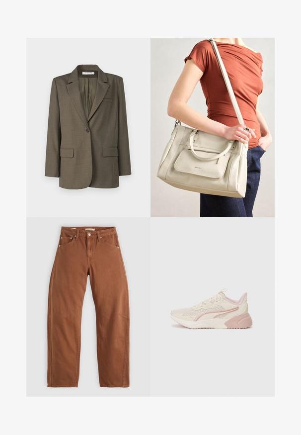 Blazer verde oliva con rever a punta, chiusura con bottone singolo, due tasche frontali e texture liscia. Vestibilità su misura con spacco posteriore.; T-shirt bianca in cotone con scollatura rotonda e maniche corte. Design semplice, texture liscia, senza motivi o dettagli.; Jeans dritti di colore marrone ruggine con tasche anteriori e posteriori, rivetti metallici, chiusura con bottone e passanti per cintura, disposti su uno sfondo bianco.; Sneakers leggeri con un design beige e rosa pallido, tomaia in rete, suola ammortizzata e sottili accenti del logo sul lato.; Borsa a tracolla bianca in pelle con doppi manici e tracolla staccabile, dotata di una tasca con zip frontale e texture liscia. Portata al braccio di una persona.