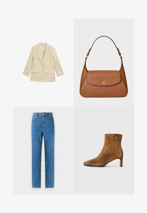 Hellbeige Blazer mit Reverskragen, zwei vorderen Taschen und zwei Knöpfen. Mit angerollten Ärmelenden und einem dezenten Nadelstreifenmuster.; Beige Rollkragenpullover aus weichem Strickstoff, mit langen Ärmeln und einem dezenten Markenlogo auf der Brust. Rippbündchen und -saum.; Denimjeans in mittelblau mit geradem Schnitt, fünf Taschen, Knopfverschluss und leichter Ausbleichung des Gewebes für subtile Texturvariationen.; Braunes Wildleder-Ankle Boot mit spitzem Schuh und schlankem, mittelhohem Absatz, seitliche Ansicht auf weißem Hintergrund.; Braune Lederhandtasche mit strukturiertem Design, einer flachen oberen Klappe und einem einzigen geschwungenen Tragegurt. Verfügt über goldene Hardware mit geprägtem Logo.