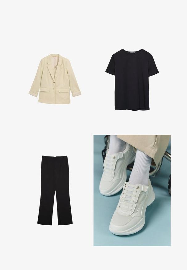 Light beige blazer with a notched collar, two front pockets, and two buttons. Features rolled cuffs and a subtle pinstripe pattern.; Plain short-sleeve black cotton T-shirt with crew neck, displayed on a white background.; Black trousers with a straight fit, featuring front pockets and side slits at the hem. Made of soft, smooth fabric. Suitable for various occasions.; White sneakers featuring a mesh material, rubber sole, lace-free design with elastic bands, and gold-toned accents.