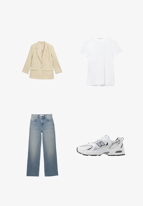 Light beige blazer with a notched collar, two front pockets, and two buttons. Features rolled cuffs and a subtle pinstripe pattern.; White short-sleeve t-shirt made from smooth fabric, featuring a round neckline and subtle stitching details at the hem.; Light blue wide-leg jeans made of denim, featuring a high waist, front pockets, and a button closure. Smooth texture with faded areas.; White athletic shoe with mesh upper, navy accents, and cushioned sole. Features "N" logo, laces, and textured detail on side.
