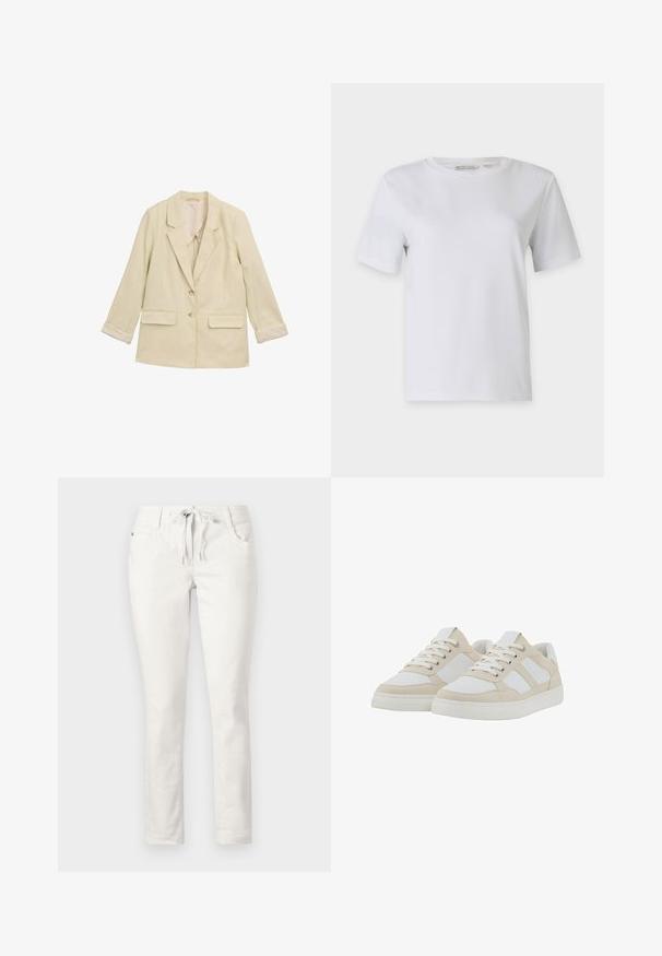 Blazer beige chiaro con colletto a punta, due tasche frontali e due bottoni. Presenta maniche arrotolate e un sottile motivo a righe.; T-shirt bianco a maniche corte realizzato in cotone morbido. Presenta un collo rotondo e orlo dritto, senza fantasie né decorazioni.; Pantaloni bianchi slim-fit con vita regolabile, tasche anteriori e una texture liscia. Adatti per un abbigliamento casual o contesti informali.; Sneaker beige e bianche con tomaia texturizzata, chiusura con lacci e colletto imbottito. Presentano tre strisce laterali bianche e suola in gomma.