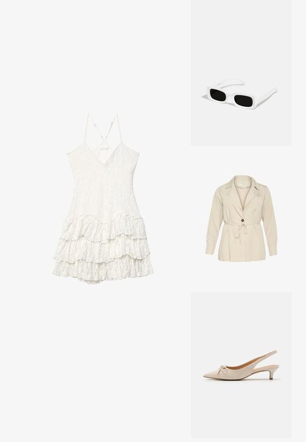Bež jakna lagane tkanine, dugih rukava, s ovratnikom, zatvaranjem na jedan gumb i strukom s vezicom. Ima džep na prsima.; Bijela bezrukavna čipkasta haljina s V-izrezom, podesivim tankim trakama i detaljem slojevite volan haljine.; Bežanje lakirane kožne sandale s visokom petom, šiljastim prstom i dekorativnom mašnom na gornjem dijelu. Imaju nisku, vitku petu i glatku teksturu.; Bijele pravokutne sunčane naočale s crnim lećama, koje imaju mat finiš i glatku teksturu. Naočale su elegantne i blago zakrivljene.; Bijela kožna torbica s ravnim oblikom, podešivim remenom i zatvaranjem na vrhu sa zipom. Glatka tekstura s minimalnim detaljima od hardvera.