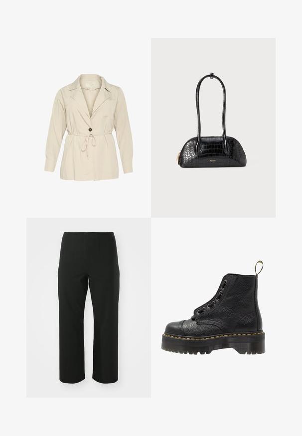 Beige, let jakke med lange ærmer, krave, en enkelt knaplukning og snøre i taljen. Har en brystlomme.; Sort top med lange blonderærmer, der har en solid sort krop og blomsterlacemønster. Rund udskæring med glat tekstur.; Vero Moda Curve VMCAUGUSTA PANT - Bukser - black; Sorte læder ankelstøvler med tekstureret overflade, rund tå, snørebåndsdesign, gule stikninger og en tyk, rillet sort platformsål.; Sort håndtaske i krokodillemønster med en glat tekstur, rund form og to slanke håndtag. Guld-logo nær bunden.; Sølvøreringe, rund form, glat metaloverflade, ingen synlige udsmykninger, let design, ensartet tykkelse.