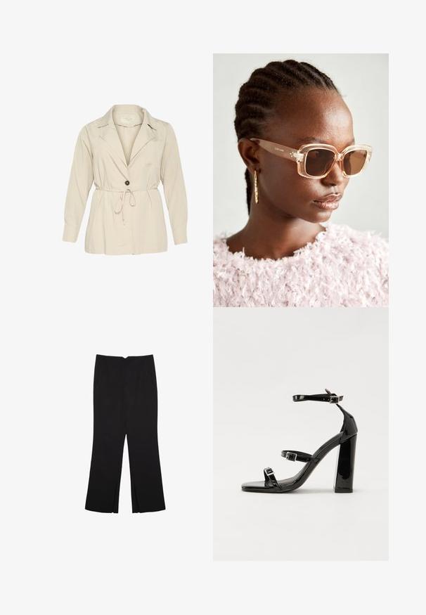 Béžová, lehká bunda s dlouhými rukávy, límečkem, zapínáním na jeden knoflík a šňůrkou v pase. Obsahuje náprsní kapsu.; Černý bezsleeve crop top vyrobený z hladké tkaniny, s kulatým výstřihem a čistým, jednoduchým designem bez vzorů nebo kovových doplňků.; Černé kalhoty s rovným střihem, s předními kapsami a bočními rozparky na lemu. Vyrobené z jemné, hladké tkaniny. Vhodné na různé příležitosti.; Černé lakované sandály na podpatku se čtveratou špičkou, lýtkovými pásky a stříbrnými přezkami. Disponují masivním blokovým podpatkem pro stabilitu.; Béžové oversized sluneční brýle s transparentním rámem a hnědými skleněnými čočkami, které mají jemné květinové detaily a výrazný, geometrický design.