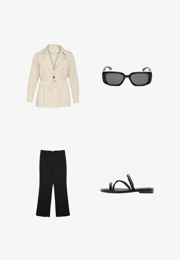 Beige, let jakke med lange ærmer, krave, en enkelt knaplukning og snøre i taljen. Har en brystlomme.; Hvid kortærmet t-shirt lavet af bomuld. Har en rund halsudskæring og en afslappet pasform. Glat tekstur uden synlige mønstre eller detaljer.; Sorte bukser med lige pasform, der har frontlommer og slidser i kanten. Lavet af blødt, glat stof. Velegnet til forskellige anledninger.; Sorte flade sandaler med en blank finish, tre tynde stropper og en cirkulær hardwaredetalje ved tæerne. Slankt design med en minimal hæl.; Sorte rektangulære solbriller med mørke linser, glat plastikramme og buede stænger. Designet er klodset med en minimalistisk æstetik.