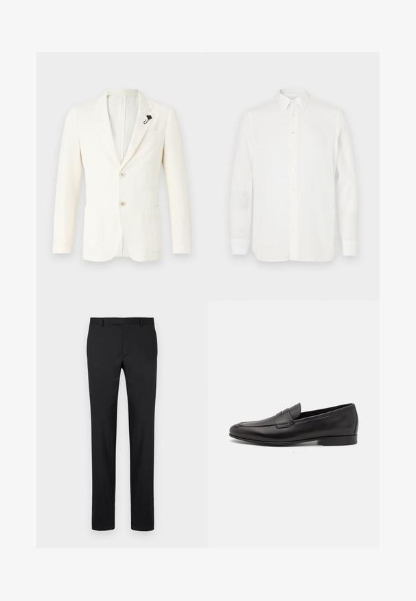 Cream-colored blazer made of textured fabric, featuring two front pockets, a single vent, two buttons, and a black lapel pin.; White long-sleeve shirt made of lightweight fabric, featuring a classic collar, button closure, and straight-cut hem. Smooth texture.; Black trousers with a tailored design, straight legs, standard belt loops, and smooth texture. No visible patterns or hardware.; Black leather men's loafer with a low heel and a classic penny strap design, shown in side profile on a white background.