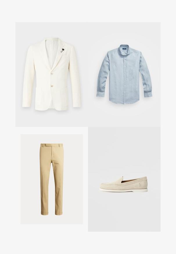 Cremefarbener Blazer aus strukturiertem Stoff, mit zwei vorderen Taschen, einem Schlitz, zwei Knöpfen und einer schwarzen Reversnadel.; Helles blaues Hemd mit Knopfleiste in einem strukturierten Muster, langen Ärmeln und klassischem Kragen. Weiße Knöpfe und abgerundeter Saum. Aus Baumwollmischgewebe gefertigt.; Khaki-Chinos aus glattem Baumwollstoff, mit schlankem Schnitt, vorderen Falten und Knöchelbündchen für eine tapered Optik.; Polo Ralph Lauren MERTON VENETIAN LOAFER - Mokassin - milkshake