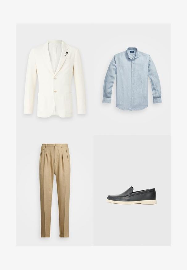 Krémszínű blézer texturált anyagból, két elülső zsebbel, egy középső szellőzővel, két gombbal és fekete hajtókával.; Világoskék gombos ing texturált mintával, hosszú ujjal és klasszikus gallérral. Fehér gombok és lekerekített szegély. Pamut keverék anyagból készült.; Beige vászon nadrág egyenes szabással, két első redővel, gombos záródással és oldalzsebekkel. Tömör textúrájú anyag sima felülettel.; Fekete bőr, slip-on stílusú loaferek, texturált felülettel és kontrasztos bézs gumitalppal. A frontrészén finom díszítéssel rendelkezik.