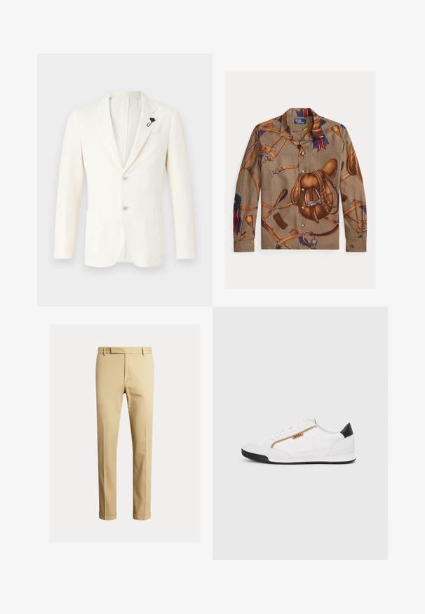 Kremkrāsas bleizeris, kas izgatavots no teksturēta auduma, ar divām priekšējām kabatām, vienu atvēršanu aizmugurē, divām pogām un melnu piegriezumu pie zoda.; Garums piedurkņu krekls ar brūnu kažokzīmi, kas rotāts ar jāšanas tematiku, tostarp sēdeklīšiem un jostām, kā arī zelta pogu akcentiem.; Khaki chinos, kas izgatavoti no gludas kokvilnas auduma, ar pieguļošu dizainu, priekšējām krokām un elastīgiem galiem pie potītēm, nodrošinot sašaurinātu izskatu.; Baltijas krāsā baltas sporta kurpes ar acu un ādas akcentiem. Iezīmējas ar zelta "BOSS" logo, teksturētām sānu paneļiem un melnu papēža kapu. Gumijas zole.