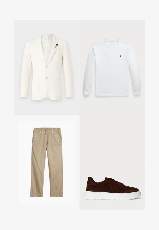 Krémszínű blézer texturált anyagból, két elülső zsebbel, egy középső szellőzővel, két gombbal és fekete hajtókával.; Hosszúujjú fehér póló, 100% pamutból készült, kerek nyakkivágással és kis sötétkék logóval a bal mellen. Simább textúra, egyszerű dizájn.; Beige egyenes szárú chino nadrág övhurkokkal, elülső gombos és cipzáras záródással, valamint ferde elülső zsebekkel.; Sötétbarna velúrbőr sneaker fehér vastag talppal, fűzős záródással és diszkrét Polo logóval az oldalon, kívülről nézve.
