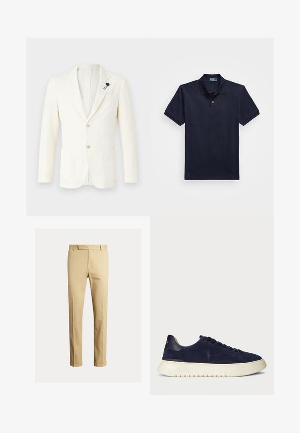 Kremkrāsas bleizeris, kas izgatavots no teksturēta auduma, ar divām priekšējām kabatām, vienu atvēršanu aizmugurē, divām pogām un melnu piegriezumu pie zoda.; Tums zila polo krekls no teksturēta auduma, ar divu pogu apkakli un mazu izšūtu logotipu apakšmalā. Īsas piedurknes.; Khaki chinos, kas izgatavoti no gludas kokvilnas auduma, ar pieguļošu dizainu, priekšējām krokām un elastīgiem galiem pie potītēm, nodrošinot sašaurinātu izskatu.; Jūras kara flotes zamšādas zemas kedas ar strukturētu virsmu, gumijas zoli un tonālām šņorēm, ar mazu logotipu uz sāna un papēža.