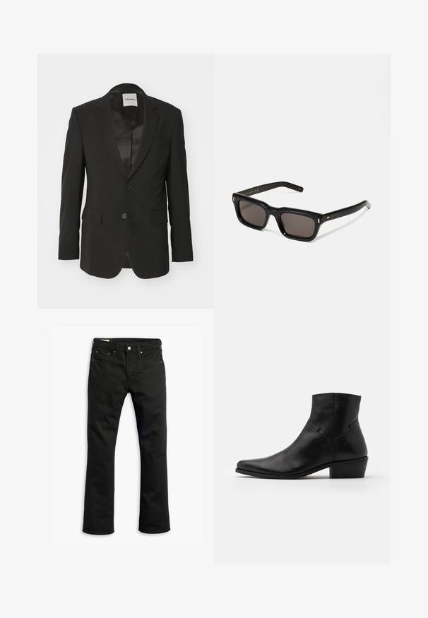 Blazer negro hecho de una tela suave con acabado satinado, cierre de un solo botón, solapas con muesca y dos bolsillos frontales.; Sudadera de manga larga color beige con cuello redondo, hecha de material suave, con puños y dobladillo acanalados, de textura lisa y diseño minimalista.; Jeans de mezclilla negra con un diseño de pierna recta, cinco bolsillos, cierre de botón de metal y detalles de costura sutiles. Textura suave y color sólido.; Botín negro de cuero hasta el tobillo con puntera afilada, detalles de costura mínimos, tacón de bloque de altura media y un acabado suave y pulido.; Gafas de sol rectangulares negras con lentes oscuros, marco de plástico grueso, acentos dorados en las patillas y logotipo de la marca grabado en el brazo.