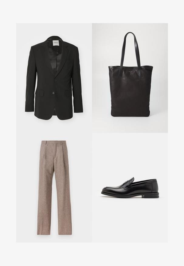 Musta bleiseri, joka on valmistettu sileästä kankaasta, satiinipinnalla, yksittäisellä nappisulkeumalla, kauluksessa lovet ja kahdella etutaskulla.; Vaaleansininen pitkähiha shirtti, jossa on terävä kaulus, mustat napit ja ainutlaatuinen aukko edessä erottuvan muotoilun vuoksi.; Ruskejat, korkeavyötäröiset housut, jotka on valmistettu teksturoidusta kankaasta. Ominaisuuksina ovat leveät lahkeet ja kaksi etupuolelle ommeltua laskosta rakenteen tukemiseksi. Siisti viimeistely ilman näkyvää metalliosaa.; Mustat nahkakengät, joissa on sileä pinta, pyöreä kärki ja koristeellinen nauha jalkapöydän yli. Matala pinoitu koroke, minimalistinen muotoilu.; Mustat kangaskassit mustilla nahkahandleilla. Yksinkertainen muotoilu, tilava runko ja sileä pinta. Ei näkyviä logoja tai kuvioita.