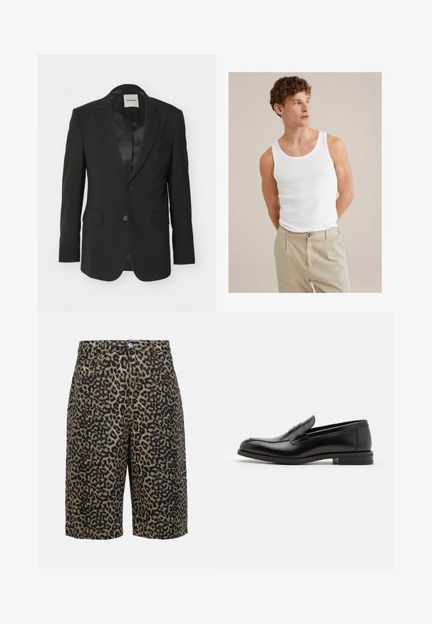 Must mustriga mustriga, millel on siidine viimistlus, ühe nupuga sulgemine, krae ja kaks eesmist taskut.; Valge puuvillane tank top ümarate kraega ja laia rihmaga, koos heleda beeži pükste paariga, mis on varustatud nupu ja volangidega.; Leopardimusteriga denim-lühikesed püksid maalikates toonides, varustatud nööpe closure, viie tasku ja relaxed fit'iga.; Mustad mustad nahast loafers sileda tekstuuriga, ümarat ninaosa ja dekoratiivne riba vampi üle. Madal kihiline konts, minimalistlik disain.