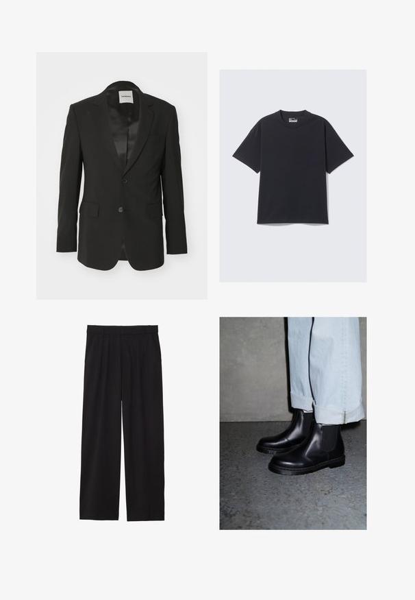 Blazer nero realizzato in tessuto liscio con finitura satinata, chiusura a bottone singolo, rever a lancia e due tasche anteriori.; T-shirt in cotone nero con un classico collo a giro, maniche corte e vestibilità rilassata. Texture liscia con dettagli di cucitura minimi.; Pantaloni neri a gamba larga con frontale plissettato, tasche laterali e una texture di tessuto liscia. Progettati per un fit comodo.; Stivaletti Chelsea in pelle nera con pannelli laterali elasticizzati e suola in gomma testurizzata, abbinati a jeans in denim blu chiaro con risvolto.