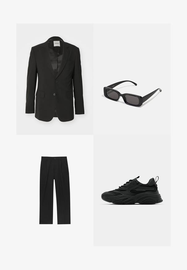 Črn blejzer iz gladkega blaga s satenskim zaključkom, z enim gumbom za zapiranje, izrezanimi lapeljami in dvema sprednjima žepoma.; Črn majica na bretele z okroglim izrezom in širokimi naramnicami. Narejena je iz mehkega materiala, z gladko teksturo in preprostim dizajnom.; Črne hlače z ravnim krojem, narejene iz gladkega materiala. Imajo sprednje gube in enojno zaponko na pasu.; Črne športne teniske z debelim podplatom, mrežastimi ploščami in gumijastimi detajli. Imajo zanka na peti in teksturirane vzorce.; Črne pravokotne sončna očala z temnimi lečami, sijajna površina, široka ročaja in masiven okvir. Vgravirano ime blagovne znamke na eni ročaji.