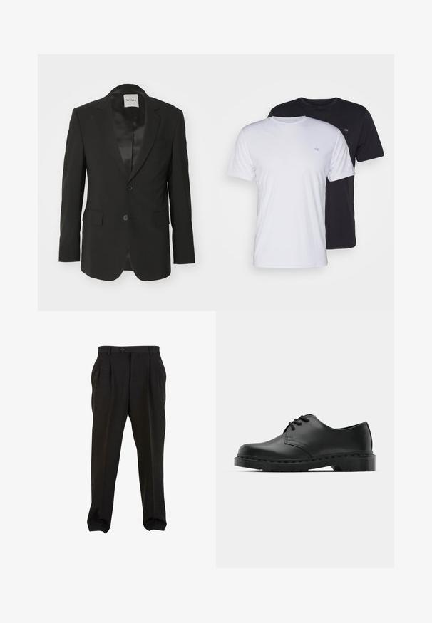 Blazer negro hecho de una tela suave con acabado satinado, cierre de un solo botón, solapas con muesca y dos bolsillos frontales.; Dos camisetas de algodón en blanco y negro, de manga corta y cuello redondo, con un pequeño logo en el pecho, de textura suave.; Pantalones negros de tejido suave, con pliegues frontales, cinturilla con botón y puños en los tobillos ajustados. Silueta clásica y ajustada.; Zapato oxford de cuero negro con diseño de cordones, punta redonda, suela de goma plana y un sutil detalle de costura en la parte superior.