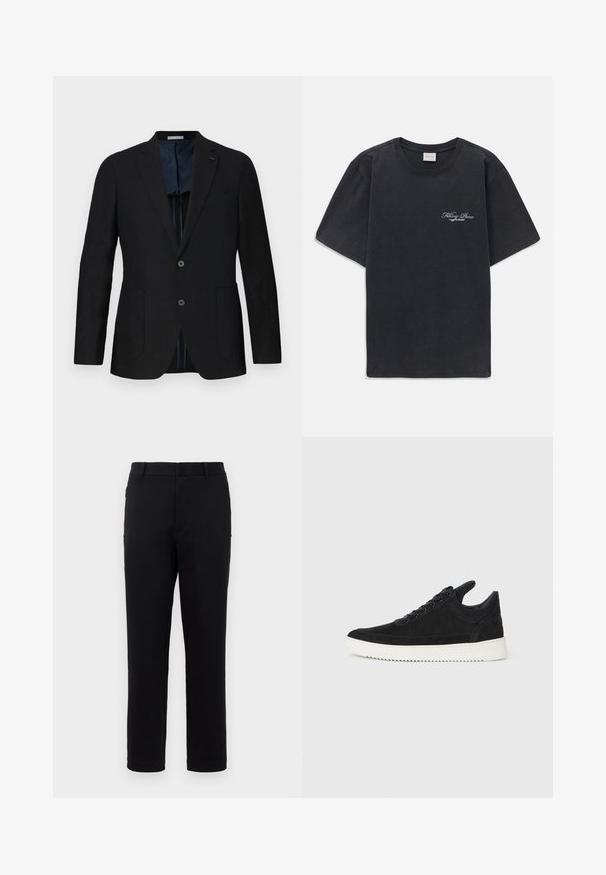 Svart lin blazer med to knapper, klaffelapp, frontlommer og blå mønstret fôr. Utvalgte detaljer inkluderer en diskret logo.; Svart kortermet t-skjorte med rund hals og liten hvit "Filling Pieces" tekstlogo på venstre bryst.; Svarte bukser med rette ben, laget av glatt stoff. Har midje med normal høyde og sidelommer. Minimalistisk stil uten mønstre.; Sorte semskede sneakers med hvit gummisåle, med tonale sømmer og snøring. Glatt tekstur med en moderne, strømlinjeformet form.