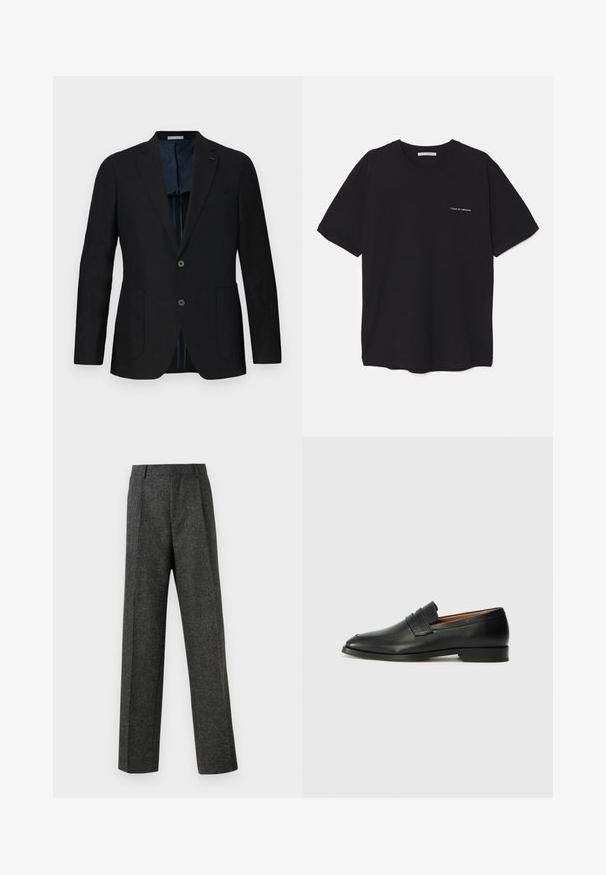 Musta pellavablazeri, jossa on kaksi nappia, kaulus, etutaskut ja sininen kuvioitu vuori. Erityisiä yksityiskohtia ovat huomaamaton logo.; Musta puuvillapaita, jossa on pyöreä kaula-aukko, lyhyet hihat ja valkoinen logopainatus vasemmassa rinnassa. Yksinkertainen, tasavärinen design.; Harmaat räätälöidyt housut, jotka on valmistettu teksturoidusta kankaasta, ja niissä on kaksi etutaskua ja suora lahjemuoto. Ei näkyviä taskuja tai koristeluja.; Musta nahkainen loafer, jossa on pyöreä kärki, hienovarainen ommelkoristelu ja matala korko, joka on varustettu sileällä pinnalla ja minimalistisella designilla.