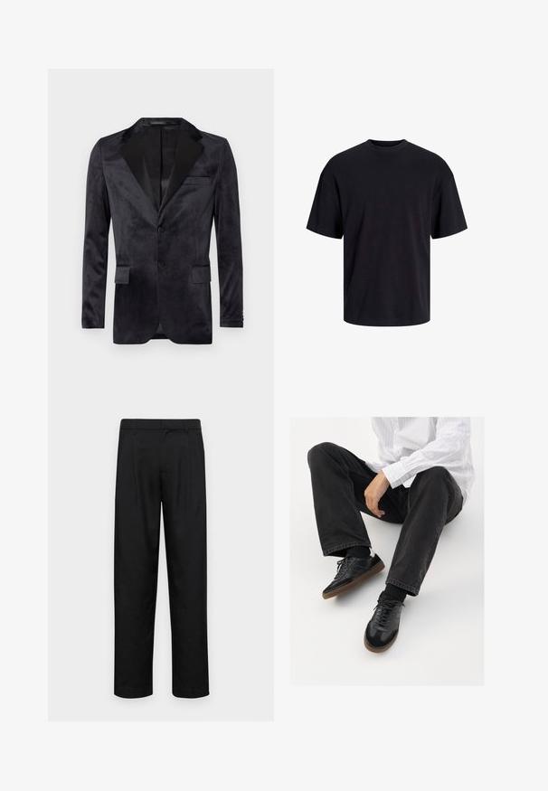Svart fløyelsblazer med notslapping, enkelt knappelukking, to frontlommer og satindetaljer. Glatt tekstur med en tettsittende design.; Svart bomull t-skjorte med rund hals, korte ermer og en avslappet passform. Glatt tekstur uten synlige mønstre eller detaljer.; Sorte bukser laget av glatt stoff, med rette ben, to frontfoldninger og standard liv med beltehemper.; Svarte joggesko med en glatt og teksturert overflate, med gummisåle og mørke snører. Kombinert med svarte jeans og en hvit stripet skjorte.