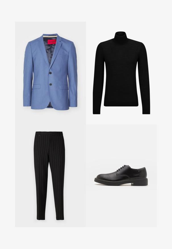 Blue blazer with two black buttons, notch lapels, and two front pockets. Smooth fabric with satin lining and a red brand label inside.; Black turtleneck sweater made of soft material, featuring long sleeves and a snug fit. Ribbed trim at the hem and cuffs. Simple design.; Black trousers with thin vertical stripes, tailored fit, front pockets, and belt loops. Made from a smooth, textured fabric.; Black leather lace-up shoe with a rounded toe, smooth texture, minimal stitching, and a low rubber heel. Logo on the heel.