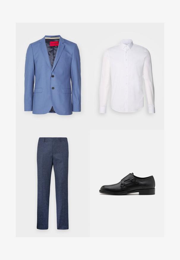 Blazer azul con dos botones negros, solapas con muesca y dos bolsillos frontales. Tela suave con forro de satén y etiqueta de marca roja en el interior.; Camisa blanca de manga larga y botones, hecha de algodón, que presenta un cuello clásico, botones en la parte delantera y un detalle de costura minimalista.; Pantalones azul marino hechos de una tela texturizada, con perneras rectas, frente plano y dos bolsillos laterales. Sin patrones ni acentos visibles.; Zapato de vestir de cuero negro con doble hebilla, silueta elegante y punta redonda. Cuenta con un tacón bajo y una textura suave.