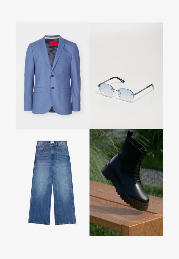 Modrý blejzer s dvoma čiernymi gombíkmi, s klopami a s dvoma prednými vreckami. Hladká tkanina so saténovou podšívkou a červenou značkovou nášivkou vo vnútri.; Biela košeľa na gombíky vyrobená z hladkej látky s klasickým golierom, dlhými rukávmi a zaobleným lemom. Má béžové gombíky na prednej strane.; Široké džínsy v svetlom modrom denime, so zapínaním na gombík, štyrmi vreckami a mierne vyblednutou textúrou na látke.; Čierne kožené členková obuv s textúrovaným povrchom, šnurovaním vpredu a masívnou, rýhovanou podrážkou. Zobrazené na drevenom povrchu s trávnatým pozadím.; Privé Revaux TRACK STAR UNISEX - Slnečné okuliare - grey