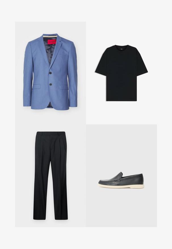 Blazer blu con due bottoni neri, rever a filo e due tasche frontali. Tessuto liscio con fodera in satin e un'etichetta di marca rossa all'interno.; Maglietta in cotone nera con scollatura rotonda e maniche corte. Presenta una vestibilità ampia e un design semplice senza motivi o dettagli.; Pantaloni neri eleganti con pieghe, realizzati in tessuto liscio. Presentano una vestibilità dritta, cintura con passanti e senza tasche. Design semplice.; Mocassini neri in pelle con finitura testurizzata e suola in gomma beige a contrasto. Presentano un accento sottile lungo la parte anteriore.