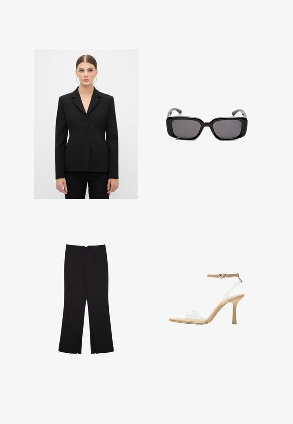 Musta istuva bleiseri sileässä kankaassa, jossa on lovelliset kaulukset, kolme nappia ja sivutaskut, muotoiltu rakenteellista siluettia varten.; Yksinkertainen lyhythihainen musta puuvillapaidan t-paita, jossa on pyöreä kaula-aukko, esitetty valkoisella taustalla.; Mustat housut suoralinjaisella leikkauksella, joissa on etutaskut ja sivurei'ät helman alla. Valmistettu pehmeästä ja sileästä kankaasta. Sopii eri tilaisuuksiin.; Kirkas korkokenkä läpinäkyvällä varrella, beigellä pohjalla ja hoikalla nilkkahihnalla. Ominaisuuksiin kuuluu terävä kärki ja ohut korkea korko.; Mustat suorakulmaiset aurinkolasit tummilla linsseillä, sileä muovikehys ja kaarevat templet. Suunnittelu on jykevä ja minimalistinen.