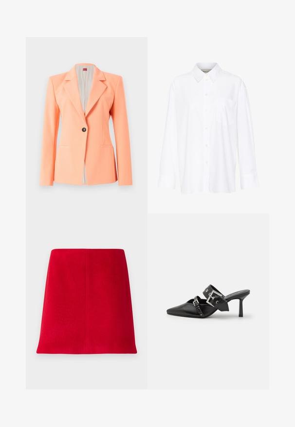 Peach-colored blazer with notch lapels, single front button closure, two side pockets, and a smooth texture. Lined interior.; White long-sleeve collared shirt made of cotton. Features a button-down front and a single chest pocket. Smooth texture, relaxed fit.; Red mini skirt made of textured fabric with a straight cut. The design features a seamless front and clean lines without embellishments.; Black high-heeled mules with a pointed toe, made of smooth leather. Features a wide ankle strap with a square silver buckle and studs.