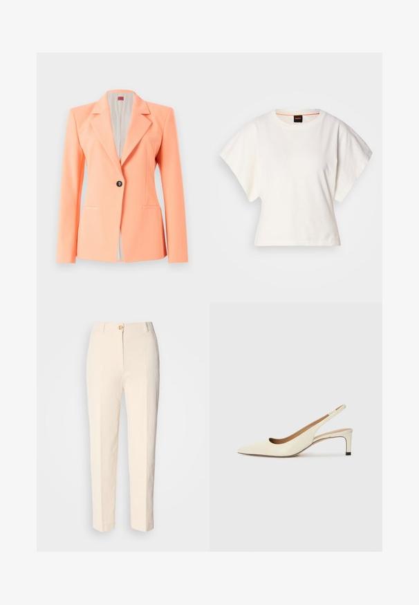 Őszibarack színű blézer, nyakkivágással, egyetlen elől gombos záródással, két oldalsó zsebbel és sima felülettel. Bélelt belső rész.; Fehér, rövid, bő ujjú, crop szabású póló, puha pamut anyagból, kerek nyakkivágással, finom narancssárga díszítéssel, minimalista dizájn, minta vagy grafika nélkül.; Krém színű, magas derekú nadrág, textúrált anyagból készült. Elülső gombos záródással és keskeny lábakkal rendelkezik.; Fűzött orrú, elöl nyitott sarkú cipő, off-white bőrből készült, alacsony sarkú, kivágott dizájnnal, sima textúrával és minimalista kiegészítőkkel.