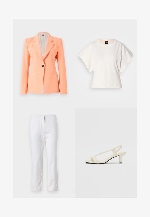 Pfirsichfarbener Blazer mit Reverskragen, einfacher Frontknopfverschluss, zwei seitlichen Taschen und einer glatten Textur. Futter im Inneren.; Weißes, kurzes T-Shirt, kurze weite Ärmel, weicher Baumwollstoff, runder Ausschnitt mit subtilen orangefarbenen Akzenten, minimales Design, keine Muster oder Grafiken.; Weiße Baumwollhose mit geradem Bein, mittelhoher Taille und ohne sichtbare Beschläge oder Muster. Glatte Textur auf der gesamten Fläche.; Beige Blockabsatzsandalen mit dünnen Riemen und quadrater Spitze. Glattes Material mit minimalem Design, entworfen für einfaches Tragen.