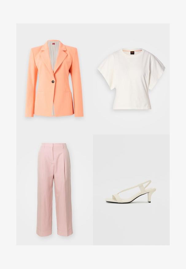 Blazer w kolorze brzoskwiniowym, z klapami, z pojedynczym zapięciem na przód i dwoma bocznymi kieszeniami. Gładka tekstura. Podszewka wewnętrzna.; Biała, krótka koszulka z szerokimi rękawami, wykonana z miękkiej bawełny, okrągły dekolt z delikatnym pomarańczowym wykończeniem, minimalistyczny design, bez wzorów i grafik.; Jasnoróżowe szerokie spodnie z wysokim stanem, fałdami z przodu i przeszytymi detalami przy hemie. Wykonane z gładkiego, lekkiego materiału.; Beżowe sandały na blokowym obcasie z cienkimi ramiączkami i kwadratowym noskiem. Gładki materiał z minimalną ilością detali, zaprojektowane z myślą o łatwym zakładaniu.