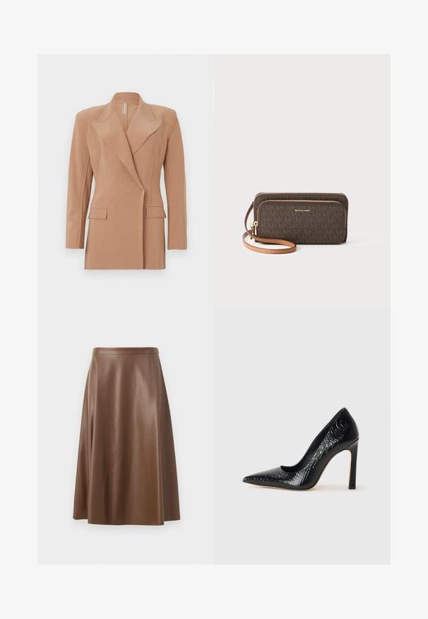 Homokszínű, szabott blézer strukturált vállakkal, hosszú ujjal, éles hajtókával és két elülső zsebbel, sima textúrával és letisztult vonalakkal.; Fekete ujjatlan felső, vékony spagetti pántokkal, bordás anyagból készült, egyenes vonalú fazonnal, a nyakrészen "IVY OAK" felirattal.; Barna bőrből készült A-vonalú szoknya sima textúrával és közepes hosszúságú szegéllyel. Fitted derékrésszel rendelkezik és enyhén bővül a csípőnél.; Fekete hegyes orrú magassarkú cipő krokodilbőr textúrával, letisztult dizájnnal, magas tűsarkú és sima fekete belső résszel.; Barna mintás pénztárca cipzáras zárással, arany színű fém alkatrészekkel és leválasztható világosbarna pánttal. Az elején a "MICHAEL KORS" logó található.