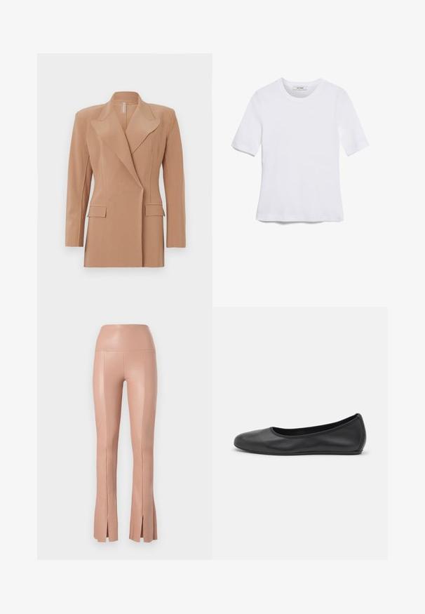 Bežs uzvalka žakets ar strukturētām plecu daļām, garām piedurknēm, asām atloks un divām priekšējām kabatām, ar gludu tekstūru un skaidrām līnijām.; Balta īsām piedurknēm T-krekls, izgatavots no ribota auduma. Apaļš izgriezums, regulāra piegriezuma un diskrēti šuvumu detaļas. Bez printiem vai grafikām.; Pieguļošas, augsto jostasvietu bikses rozā krāsā, izgatavotas no gludas, elastīgas materiāla, ar sānu šķēlumiem apakšmalā. Ir redzamas šuvju detaļas.; Melna ādas baleta kurpe ar noapaļotu purngalu, gludu tekstūru, minimālu šuvju detalizāciju un elastīgu zoles dizainu.