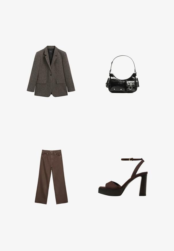 Tmavě šedý vlněný blazer s jedním knoflíkem a výstřihy do klopy, se dvěma předními plochými kapsami a kapsou na hrudi, zobrazený na bílém pozadí.; Černý pletený svetr s dlouhými rukávy, vycpanými ramenními částmi a ribbovanými manžetami a lemem, zobrazený na bílém pozadí.; Hnědé džíny s širokými nohavicemi vyrobené z denimu, s vysokým pasem, předními kapsami a klasickým zapínáním na knoflík. Hladká textura s jemným švem.; Hnědé semišové sandály na vysokém podpatku s otevřenou špičkou, nastavitelným páskem kolem kotníku a proužkovou platformou.; Černá lakovaná kožená kabelka s křivkovým tvarem, jedním ramenním popruhem, předními kapsami a stříbrnými kovovými detaily.