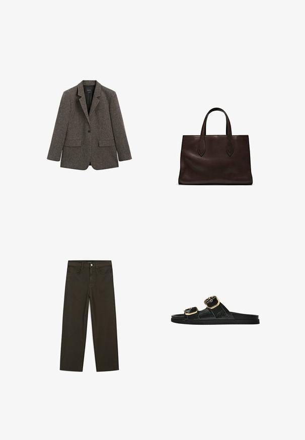 Donkergrijze wollen blazer met één knoop en schoenlapels, twee voorklepzakken en een borstzak, getoond op een witte achtergrond.; Donkerbruine trui met lange mouwen, ronde hals, iets cropped pasvorm en een eenvoudig, naadloos ontwerp.; Donkergroene wijde jeans van een katoenmix, met een sluiting met een voorste knop, vijf zakken en klassieke denimstiksels.; Zwarte slipper met twee gouden gesps, gladde textuur, platte zool en een minimalistisch ontwerp.; Bruine leren tote bag met twee verlengde handvatten, gestructureerde rechthoekige vorm, gladde textuur en subtiele stiksels.