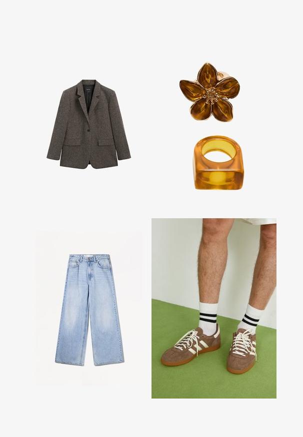 Blazer in lana grigio scuro a un bottone con rever a cono, due tasche anteriori con pattina e una tasca a filetto sul petto, mostrato su uno sfondo bianco.; Top marrone senza maniche con scollatura arricciata, spalline regolabili, bordi arricciati e vestibilità comoda con dettaglio a cordoncino.; Bershka WIDE-LEG - Wide Leg - light-blue denim; Sneaker in suede marrone con dettagli e lacci bianchi. Suola in gomma color gomma. Indossati con calzini bianchi con righe nere. Pavimento verde texturizzato.; Anello floreale di colore ambra con una finitura lucida e un centro rotondo, affiancato da una corrispondente banda quadrata di ambra.