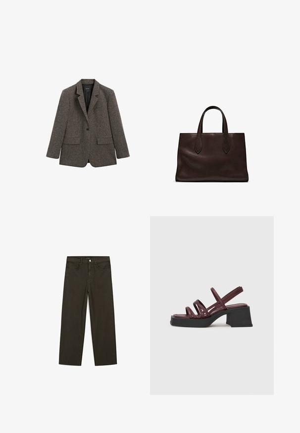 Mørkegrå enkeltknap uldblazer med klapkrave, to forreste klaplommer og en brystlomme, vist på en hvid baggrund.; Brun t-shirt med korte ærmer lavet af glat stof, med rund halsudskæring og almindelig pasform, uden ekstra mønstre eller detaljer.; Mørkegrønne brede jeans lavet af en bomuldsblanding, med en frontlukning med knap, fem lommer og klassisk denim-syning.; Vagabond HENNIE - Mules med hæl - cherry; Brun læder tote bag med to forlængede håndtag, struktureret rektangulær form, glat overflade og subtile syninger.
