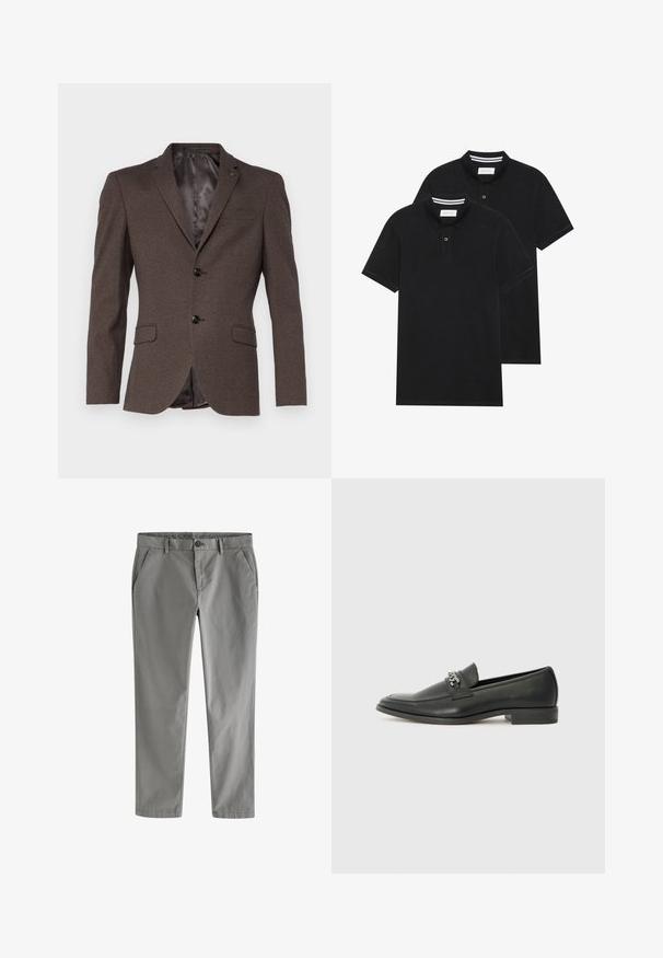 Isaac Dewhirst THE STAND ALONE - Suit jacket - brown; Two black polo shirts, short-sleeved, cotton material, featuring a classic collar, two-button placket, and white striped accents inside the collar.; Gray chinos featuring a smooth cotton blend, straight cut, side pockets, and a button closure with belt loops. Simple, clean design with no patterns.; Black leather loafer with a smooth finish, featuring a stitched design and a decorative metal chain accent across the vamp. Flat heel.