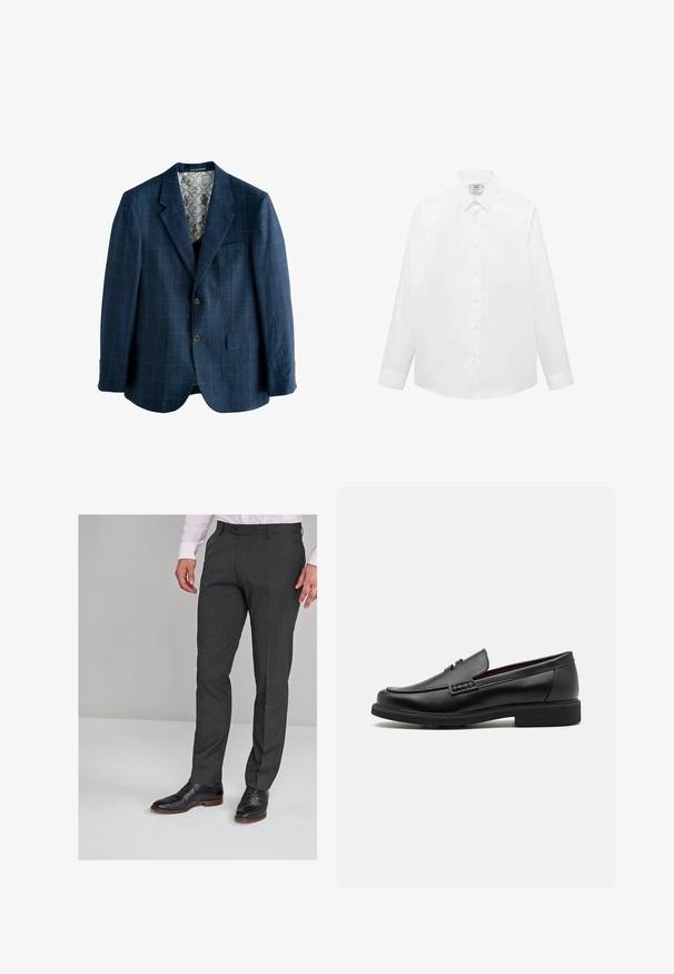Blazer blu navy con motivo a quadri, design monopetto, rever a punte, due tasche frontali e foderato con stampa floreale.; Camicia bianca a maniche lunghe realizzata in tessuto liscio, con colletto classico, chiusura frontale a bottoni e orlo curvo. Design minimalista senza motivi.; Pantaloni grigi su misura con una texture liscia, dotati di una parte frontale piatta e passanti per cintura, abbinati a scarpe eleganti nere.; Mocassini sintetici neri con una spessa cucitura frontale, soletta imbottita e suola piatta in gomma; design elegante con dettagli minimi.