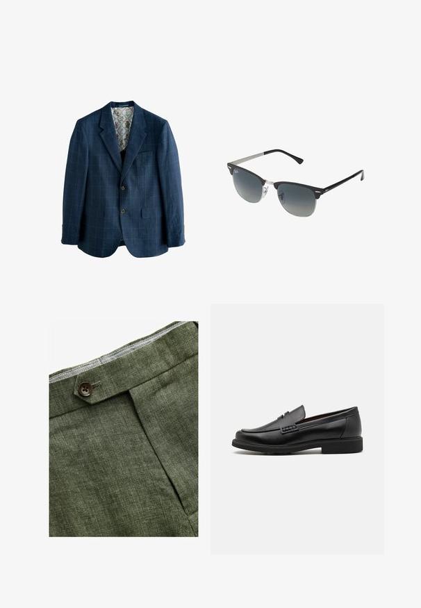 Navy blue blazer with plaid pattern, single-breasted design, notched lapels, two front pockets, and a floral printed lining.; Light blue striped long-sleeve shirt with a white collar and cuffs, featuring a button-up front and a curved hemline. Smooth fabric texture.; Olive green linen trousers with a front pleat, featuring a button closure and a contrasting checkered lining at the waistband.; Black synthetic loafers with a prominent stitched front, cushioned insole, and flat rubber outsole; sleek design with minimal detailing.; Black and silver sunglasses with a cat-eye shape, gradient lenses, and metallic accents on the frame. Plastic arms with grey tips.