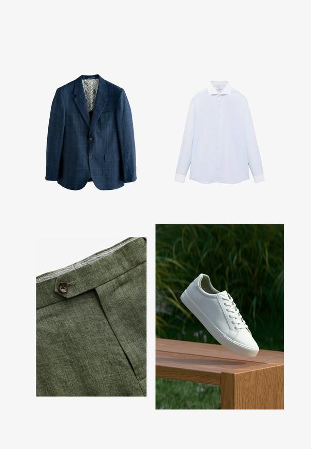 Granatowa marynarka w kratę, jednorzędowy fason, klapy z wycięciem, dwie kieszenie z przodu oraz podszewka w kwiatowy wzór.; Jasnoniebieska, w paski, koszula z długim rękawem, z białym kołnierzykiem i mankietami, z zapięciem na guziki z przodu i zaokrąglonym dolnym brzegiem. Gładka tekstura materiału.; Zielone lniane spodnie w odcieniu oliwkowym z plisami z przodu, posiadające zapięcie na guzik i kontrastową kratkowaną podszewkę w pasie.; Białe sneakersy sznurowane unoszące się nad drewnianą ławką z zielonymi liśćmi w tle, ukazujące wzór i teksturę buta.