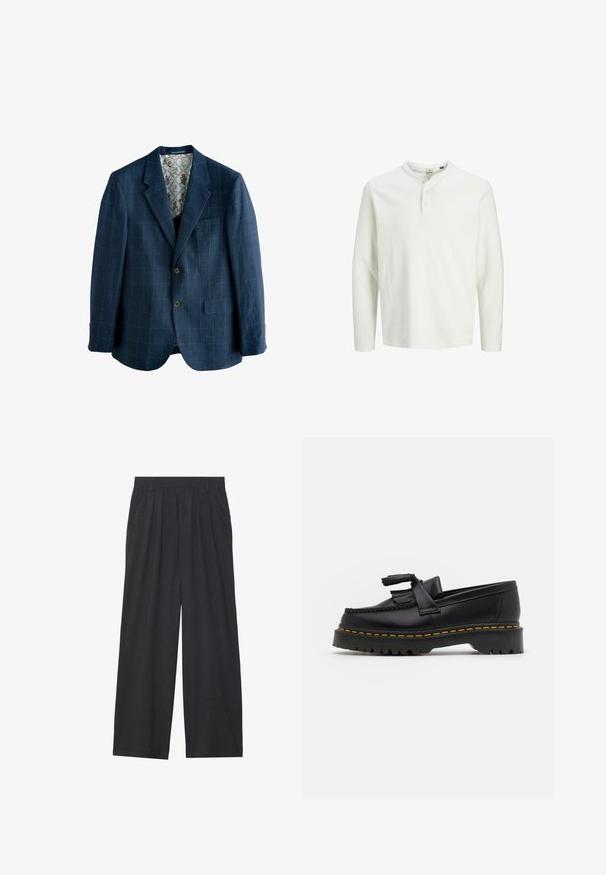 Tengerészeti kék zakó kockás mintával, egysoros fazon, kivágott hajtókákkal, két elülső zsebel, és virágmintás bélés.; Fehér, hosszú ujjú henley póló három gombbal és kerek nyakkal, egyszínű fehér háttéren bemutatva.; Sötétszürke anyagból készült, bő szárú nadrág. Ráncokkal a deréknál, elegáns fazonnal és egyenes sziluettel rendelkezik.; Fekete bőr mokaszin, rojtos díszítéssel, masszív fekete talppal és sárga varrással az élén. Texturált felület.
